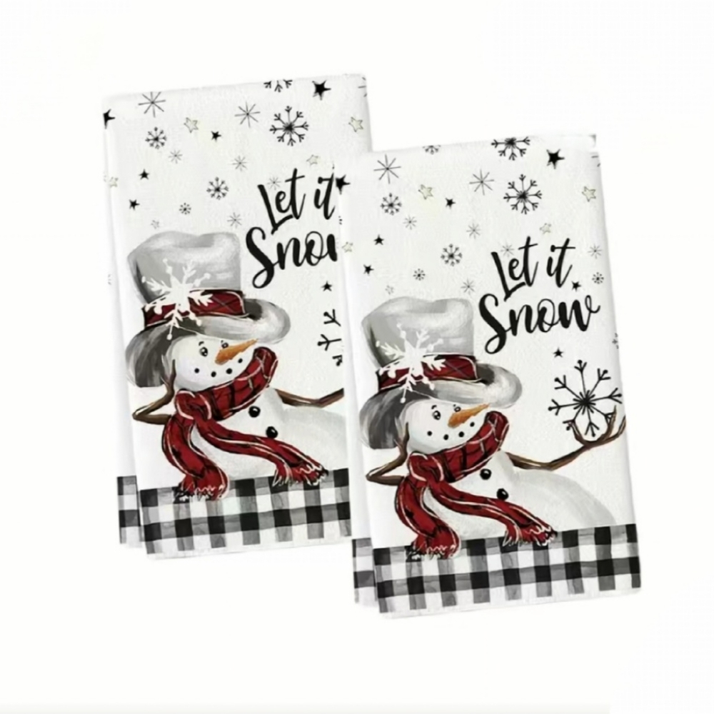 2pc Hand Towels Christmas Holiday Black & White Checkered Snowman Kitchen Towels